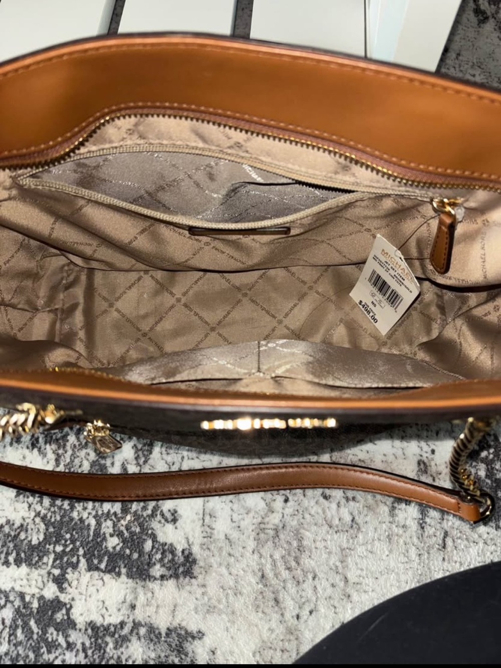 Michael Kors Brown MK Logo Tote with Gold Chain Handles - Picture 2 of 5